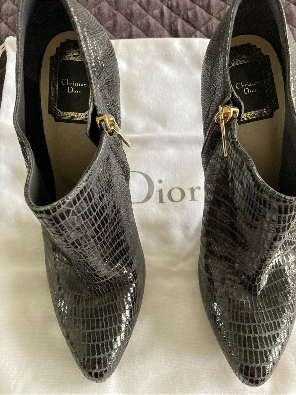 Dior Gray Croc-Embossed Pointed Ankle Booties with Gold Zippers